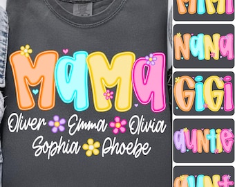 Custom Mama Gigi Nana Mimi Aunt PNG Bundle, Neon Preppy Floral Mother's Day Sublimation, Personalized Kids Names Digital Design, Retro Mom