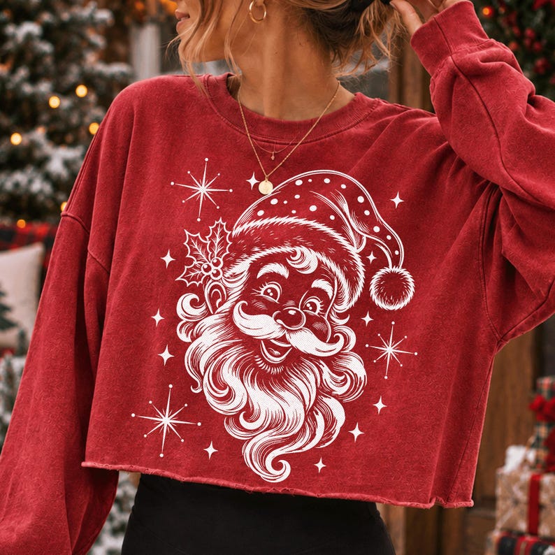 Image of Vintage Santa Claus PNG, Retro Christmas Face, White Engraving Style (Digital Download)