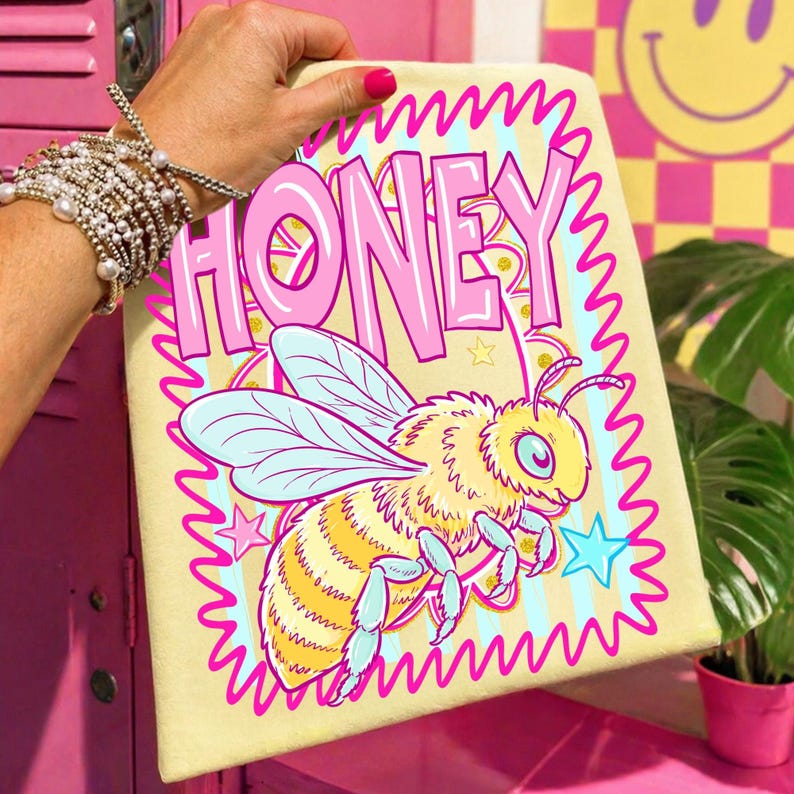 Retro Honey Bee PNG Preppy Pink Aesthetic Design for Sublimation