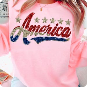 Faux Rhinestone America PNG, Coquette 4th of July Design, Red White Blue Girly USA Sublimation, Patriotic Memorial Day Shirt PNG