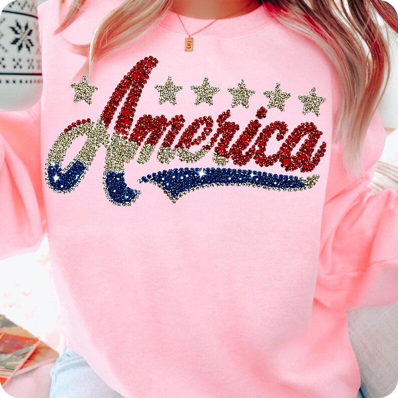 Faux Rhinestone America PNG, Coquette 4th of July Design, Red White Blue Girly USA Sublimation, Patriotic Memorial Day Shirt PNG