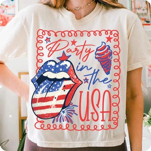 Party In The USA PNG, Coquette 4th of July Sublimation Design, Girly Red White Blue Preppy USA Shirt, Patriotic Retro America PNG