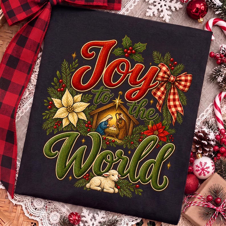 Może przedstawiać: Czarna koszulka z kolorową grafiką i napisem Joy to the World. Wz&oacute;r przedstawia scenę narodzin, białą gwiazdę betlejemską, czerwone jagody, zielone gałązki sosny, kokardę w kratę oraz małe jagnię odpoczywające u dołu nadruku.