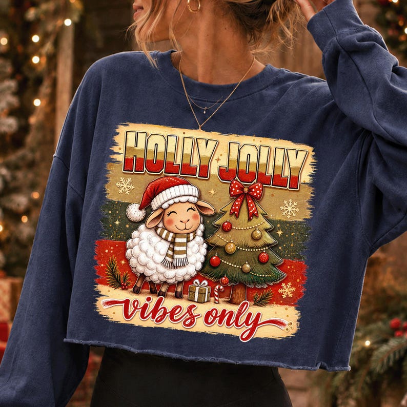 Może przedstawiać: Granatowa bluza z długim rękawem z nadrukiem przedstawiającym owcę w czapce Mikołaja i szaliku obok udekorowanej choinki. Napis HOLLY JOLLY znajduje się u g&oacute;ry, a napis vibes only czerwoną czcionką znajduje się na dole grafiki.