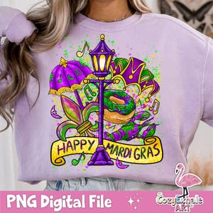 ニューオーリンズ マルディグラ PNG、バーボン & ディケーター ストリート クリップアート、ハッピー マルディグラ 昇華、フルール ド リス カーニバル デザイン、ハッピー マルディグラ。