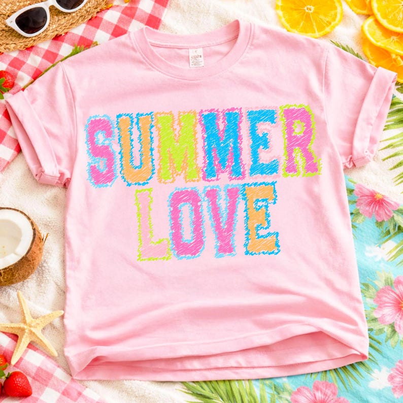 May include: A light pink t-shirt with the words "SUMMER LOVE" in colorful, scribbled lettering. The shirt is short-sleeved and has rolled-up cuffs. The background includes a straw hat, sunglasses, fruit, and tropical-themed fabric.