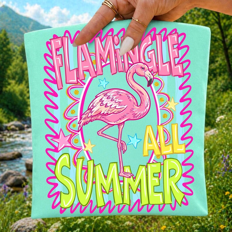 Detailed view of the Flamingle All Summer funny flamingo graphic with vibrant retro Y2K styling