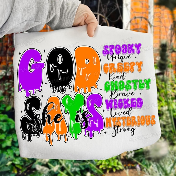 God Says She's Spooky: Christian Halloween Sublimation Design PNG Digital Download for Retro Shirts