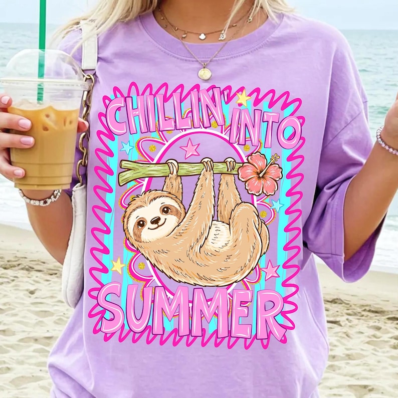 Mock-up showing the versatile Chillin Sloth PNG on various items like shirts, mugs, and pillows for crafters