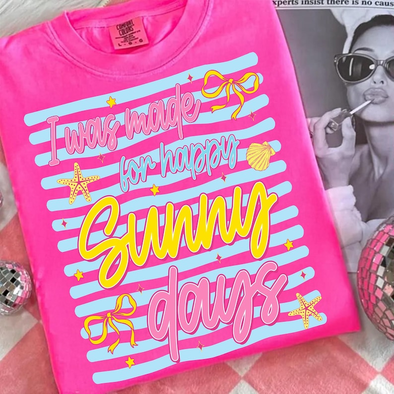 Happy Sunny Days Preppy Summer PNG Sublimation Design on a T-Shirt Mockup