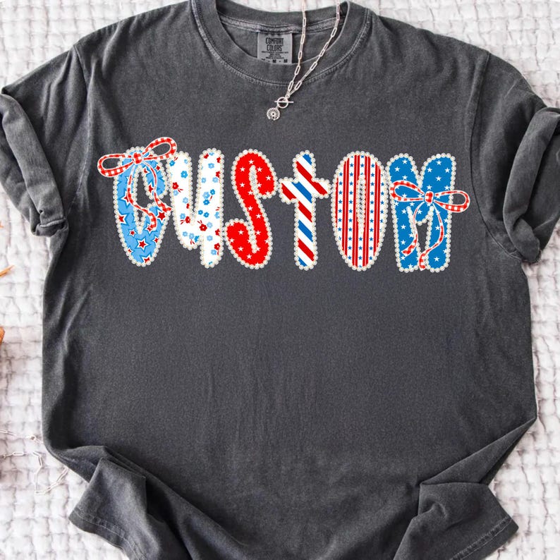 Close-up of the patriotic floral glitter coquette design with custom name option.