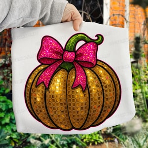 Disco Pumpkin PNG, Coquette Fall Sublimation Design, Trendy Retro Halloween Aesthetic, Vintage Autumn Bow Glitter Pumpkin Clipart