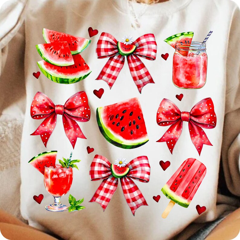 Adorable coquette-style watermelon bow PNG with glitter and floral accents. Perfect for trendy preppy summer shirts, DTF transfers, and more!