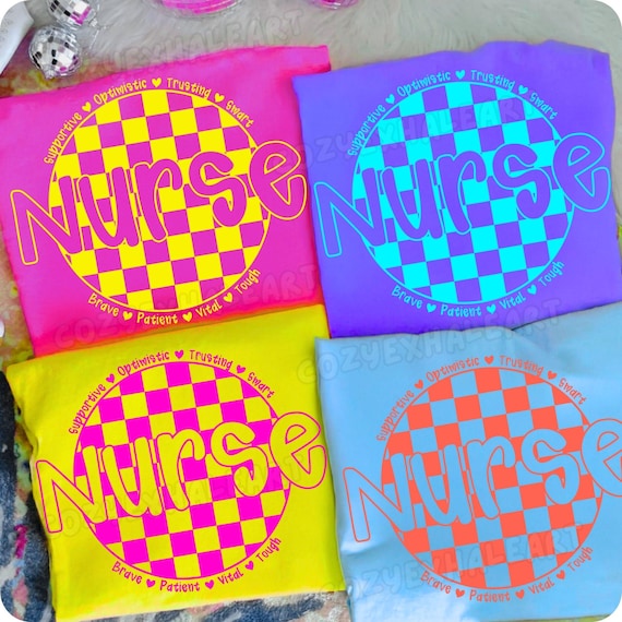 Groovy Retro Nurse Sublimation Design: Colorful Checkered Healthcare Graphic for Shirts & Gifts