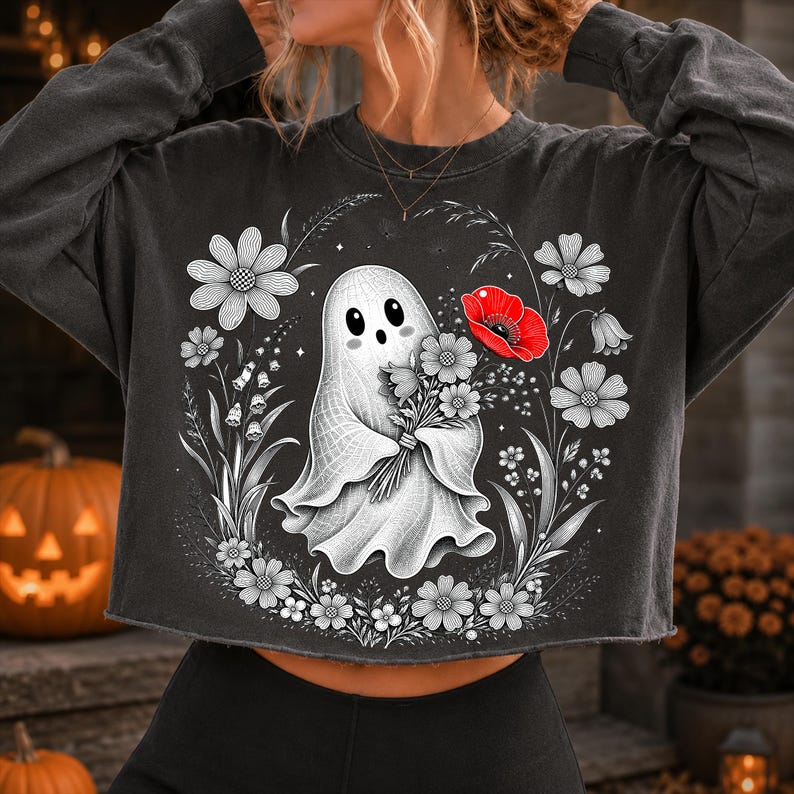 Whimsical Floral Ghost PNG with red poppy and botanical elements on a dark background.