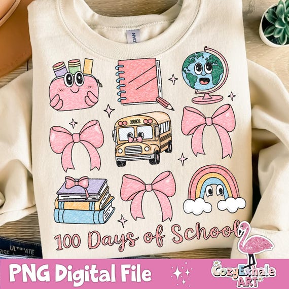 Adorable 100 Days of School Coquette Bow Design: Sublimation PNG for Teachers and Students