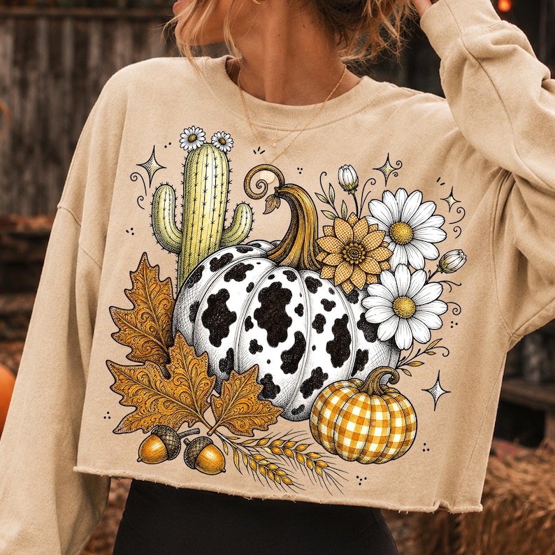 Cow Print Pumpkin PNG design with gingham pumpkin, cactus, and fall foliage