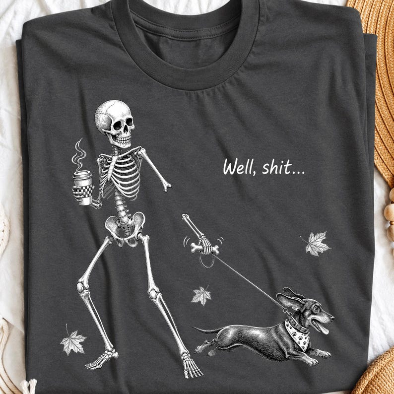 Humorous vintage sketch style digital design for dark apparel featuring a skeleton and a running dachshund with coffee