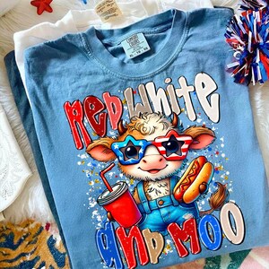 Rödvit och Moo PNG 4 juli Highland Cow Sublimation Design Patriotic Independence Day Digital Download American Pride Cow Clipart bild 3