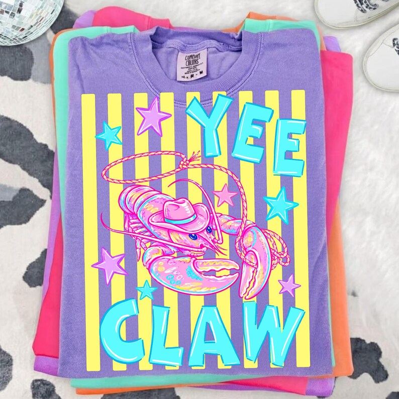 Image of Yee Claw Lobster Cowboy PNG Striped Coastal Cowgirl Sublimation Design Western Beach Tomato Girl Summer Retro Seafood Fisherman core Shirt