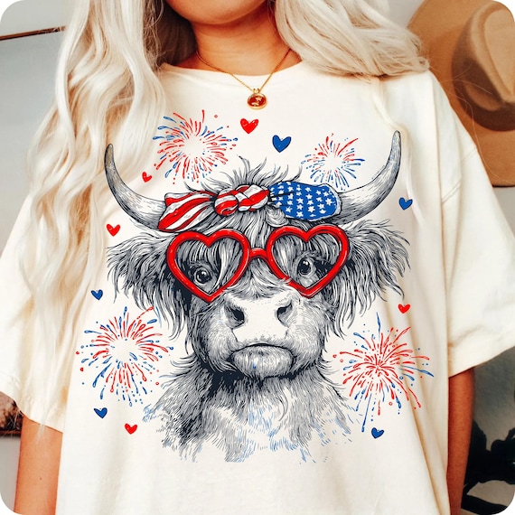 Western 4th of July Highland Cow PNG: Patriotic Sublimation Design (Digital Download)