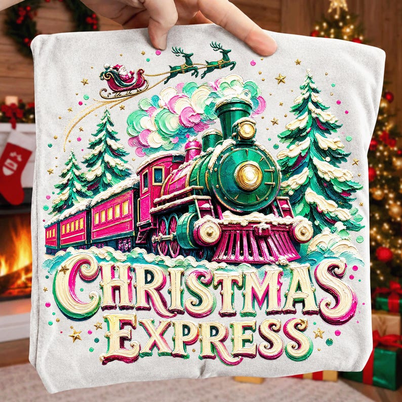 Christmas Express Train PNG design showcased on a ceramic mug and holiday tote bag mockup