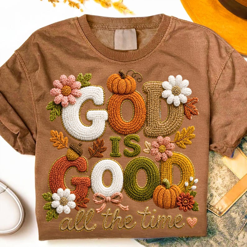Pu&ograve; includere: Una t-shirt marrone a maniche corte con un disegno ricamato che riporta la scritta "GOD IS GOOD all the time". La grafica include zucche colorate, foglie autunnali e vari fiori nelle tonalit&agrave; del bianco, rosa, arancione e verde.