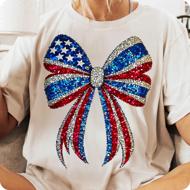 Sparkle with pride! This Faux Rhinestone USA Coquette Bow PNG features red, white & blue stars in a trendy girly style—perfect for 4th of July, Memorial Day, or American-themed designs. Great for shirts, totes, or patriotic party crafts!