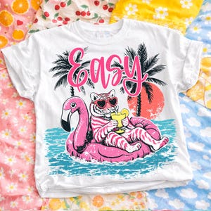 easy tiger png, summer tiger design, pink flamingo png, preppy summer shirt, coastal design png, beach vacation png, dtf transfer design, sublimation tiger, girly summer png, retro beach sunset, pink tiger design, vacation mode png, trendy summer png