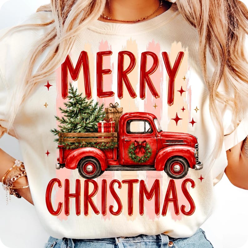 A full view of the red Christmas truck and tree farm graphic on a white background, ready for sublimation.