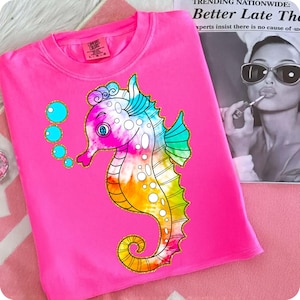 Neon Seahorse PNG: Preppy Beach Vibes Clipart for Sublimation, Coastal Coquette Design, Retro Summer Sea Animal