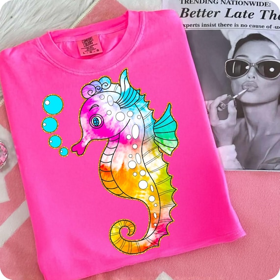 Neon Seahorse PNG: Preppy Beach Vibes Clipart for Sublimation, Coastal Coquette Design, Retro Summer Sea Animal