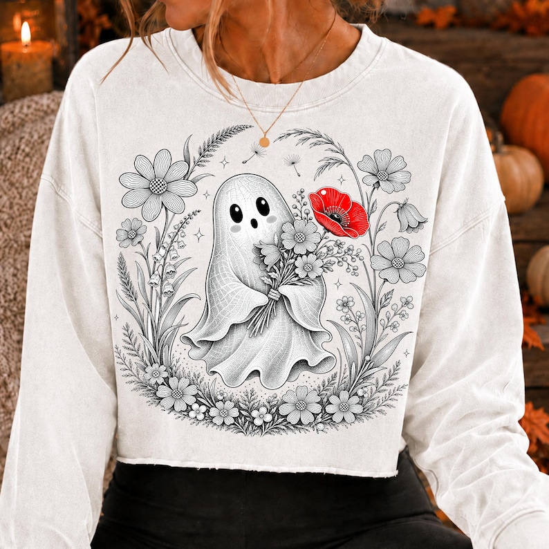 Close-up of Floral Ghost PNG design showcasing vintage botanical line art and a red poppy.