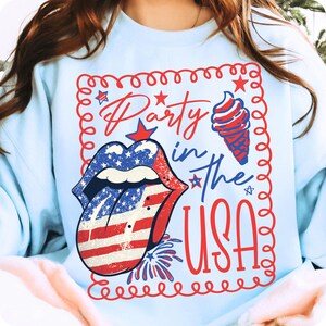 Party In The USA PNG, Coquette 4th of July Sublimation Design, Girly Red White Blue Preppy USA Shirt, Patriotic Retro America PNG