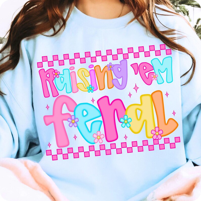 Raising ‘Em Feral PNG, Funny Mama Design, Retro Grunge Bad Moms Club Checkered Sublimation, Edgy Trendy PNG for Moms and Kids Shirt