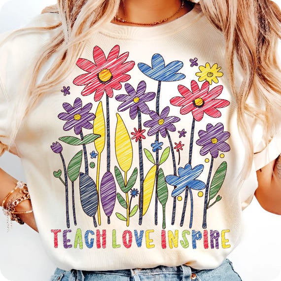 Retro Teacher Floral PNG: Teach Love Inspire, Boho Flowers (Digital Download)