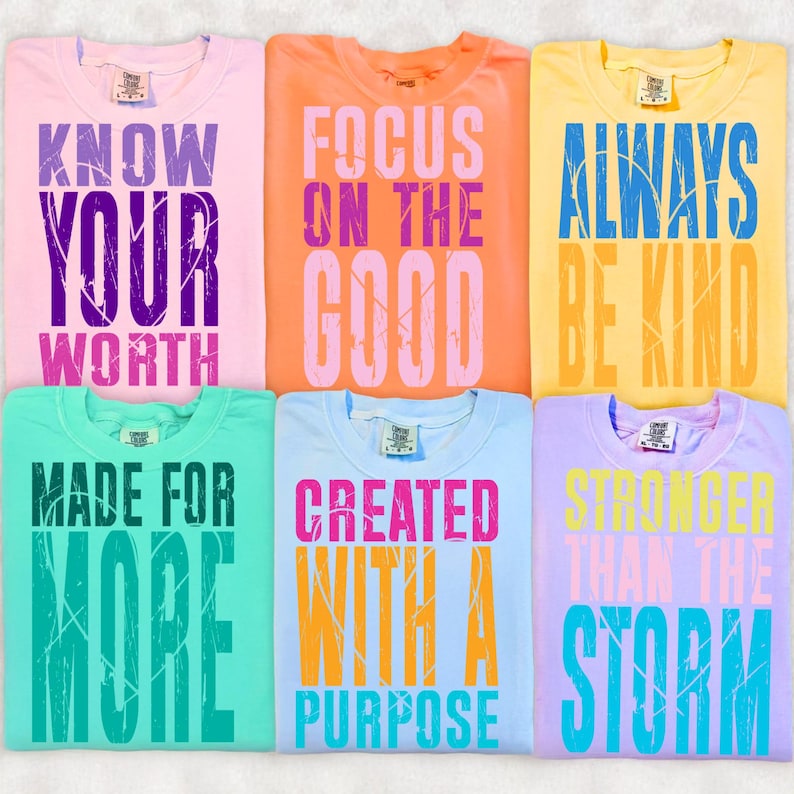 Uplifting Christian inspirational and self-love quotes in distressed retro style on a t-shirt mockup.
