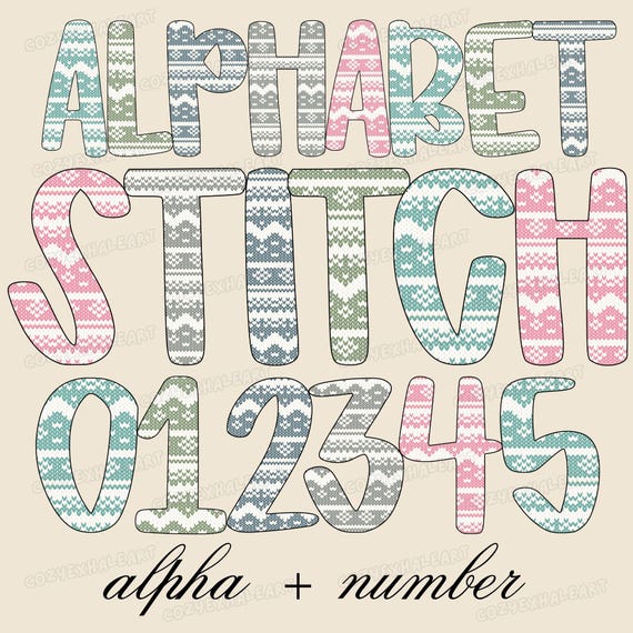 Nordic Knitted Alphabet PNG: Cozy Scandi Sweater Letters and Numbers for Winter Crafts & Sublimation