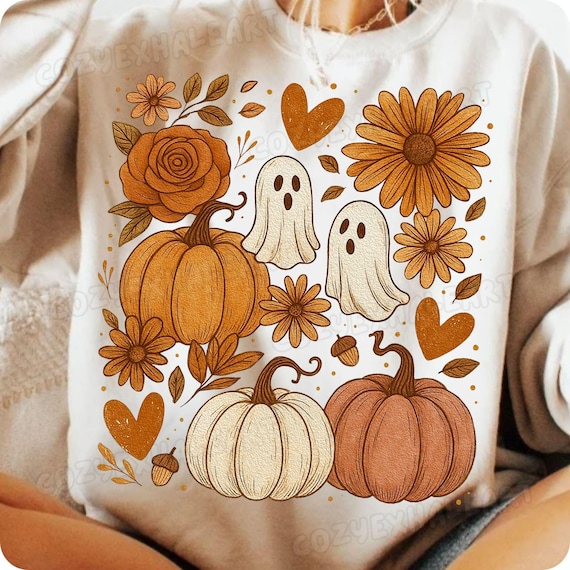 Boho Floral Pink Ghost Pumpkin PNG: Halloween Sublimation Design Digital Download