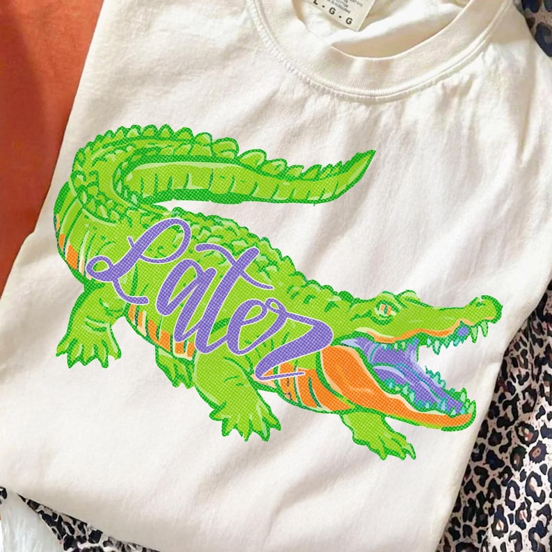 Mockup of a person wearing a t-shirt with the 'Later Gator After While Crocodile' design, showcasing its vibrant neon colors.