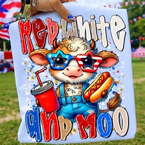 Red White and Moo PNG 4th of July Highland Cow Sublimation Design Patriotic Independence Day Digital Download American Pride Cow Clipart
