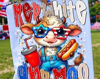 Red White and Moo PNG 4th of July Highland Cow Sublimation Design Patriotic Independence Day Digital Download American Pride Cow Clipart