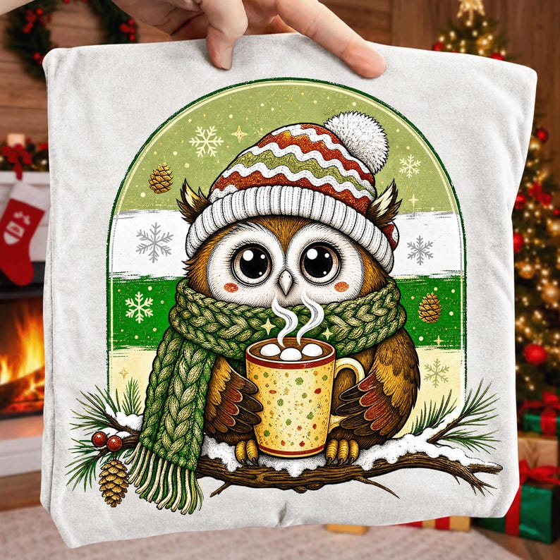 Cozy Christmas Owl PNG with Winter Hot Cocoa and Festive Knit Hat