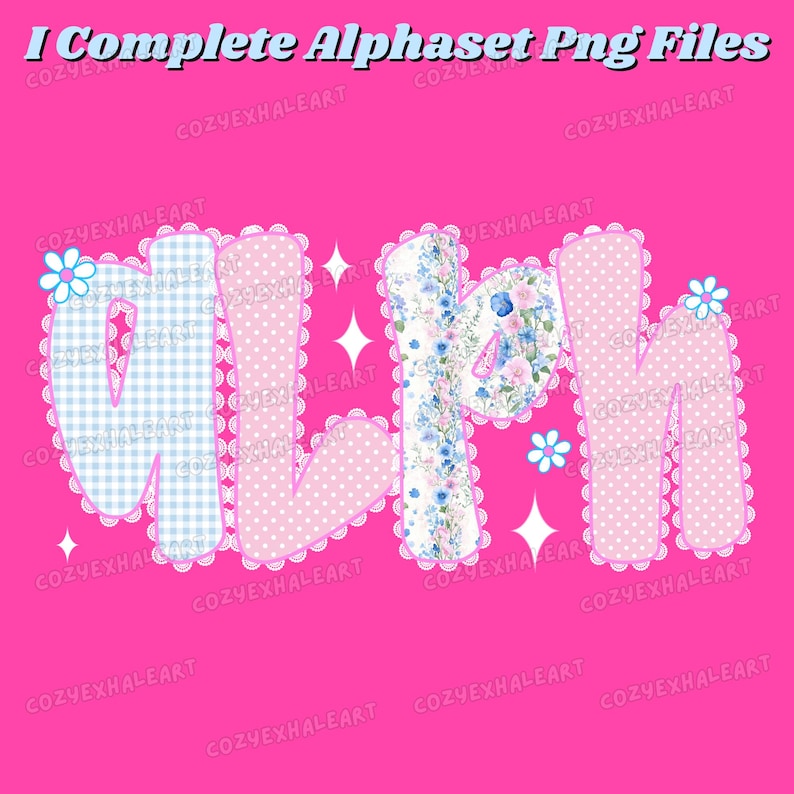 Grandmillennial Alphabet PNG Preppy Floral Gingham Alpha Set Lace Trim ...