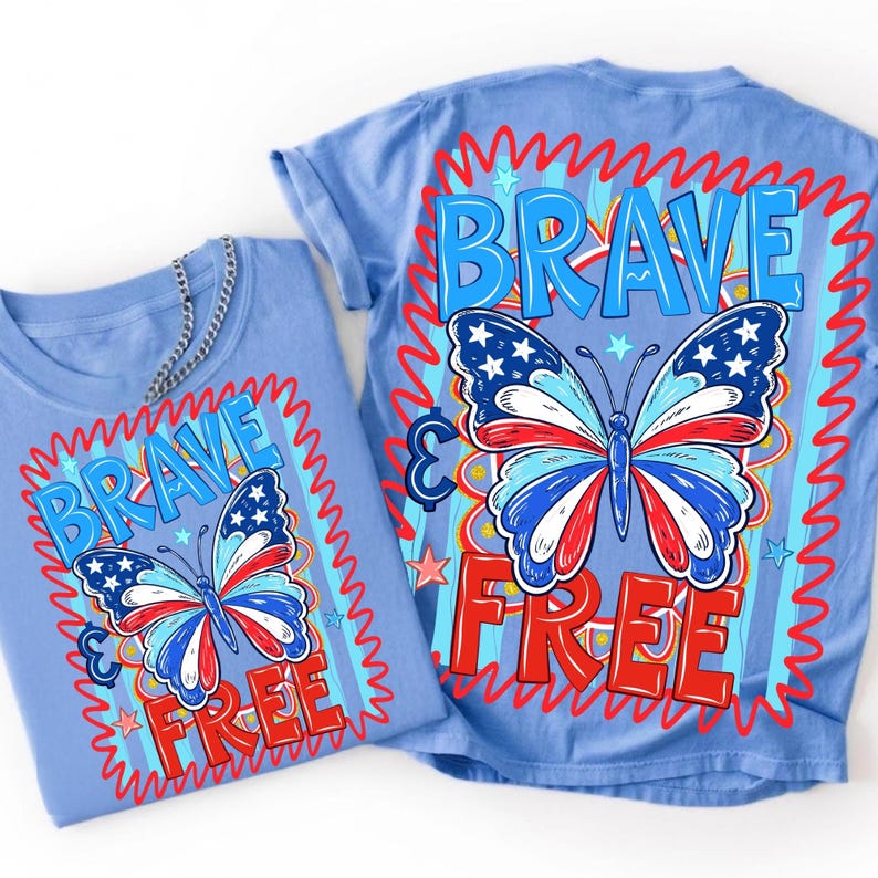 Brave and Free Patriotic Butterfly Sublimation Design with American Flag colors