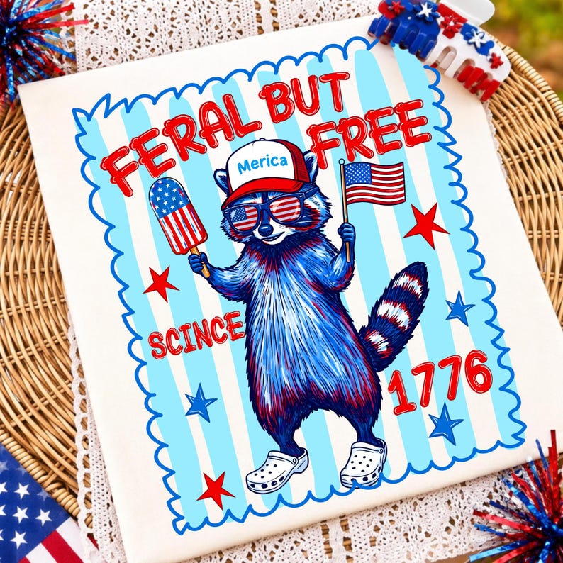 Feral But Free Patriotic Raccoon 4th of July Sublimation Design