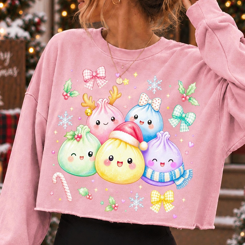 Cute Pastel Christmas Bao Buns PNG Sublimation Mockup on Sweatshirt