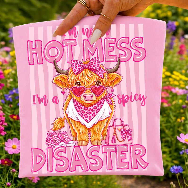 K&ouml;nnte beinhalten: Rosa Tragetasche mit einer Cartoon-Kuh, die eine herzf&ouml;rmige Sonnenbrille, eine Schleife und ein Halstuch tr&auml;gt. Der Text auf der Tasche lautet "HOT MESS, I'm a spicy DISASTER."