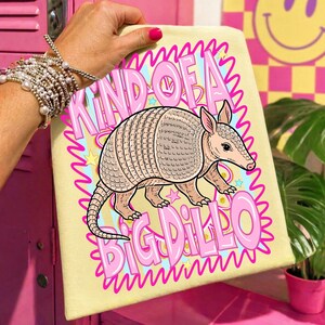 May include: A light yellow armadillo-themed graphic art print with the text "KIND OF A BIG DILLO" in pink. The armadillo is tan and pink, with a detailed shell. The background has blue and yellow accents.