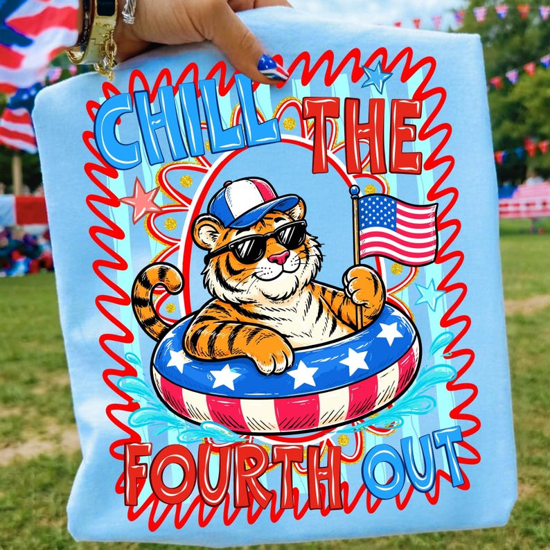 Mockup of a white t-shirt featuring the 'Chill The Fourth Out Tiger' design, showcasing its vibrant colors and playful spirit.